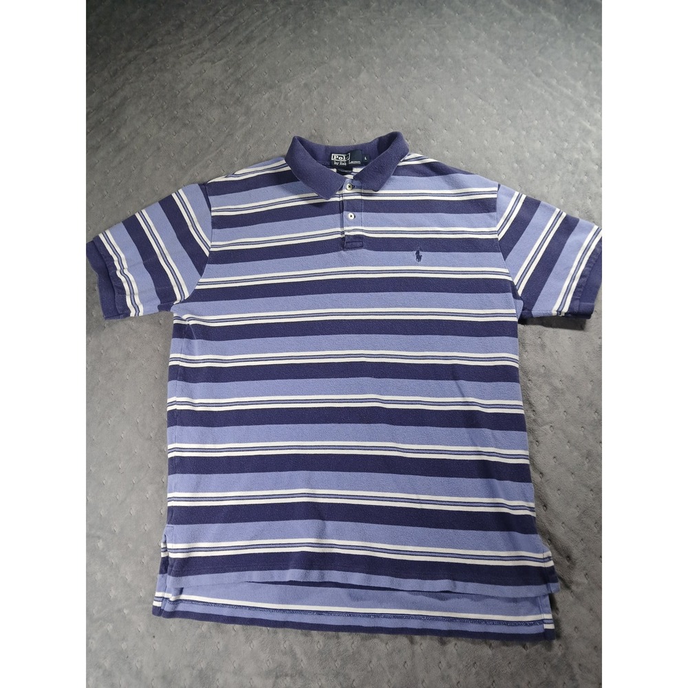 Vintage Polo Ralph Lauren Striped Polo Shirt Large 90s Navy Blue Y2K Cotton